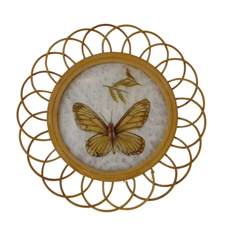 Pressed Butterfly Rattan Wicker Coasters Caddy Set Of 4 MCM Taiwan Barware